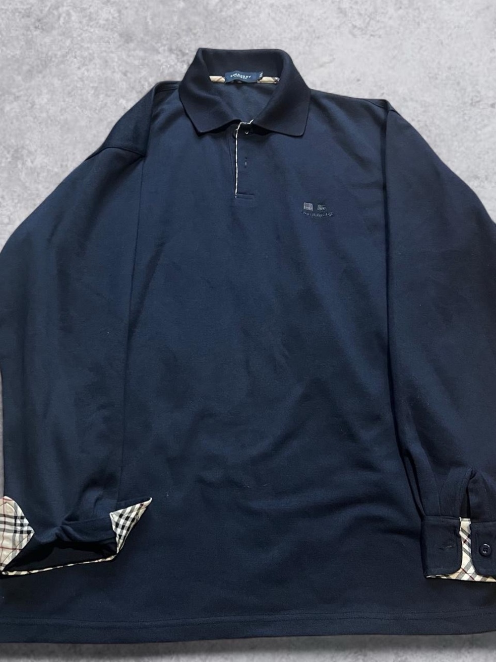 Burberry London Navy Polo XXL Button Collared Long Sleeve Nova Check Trim